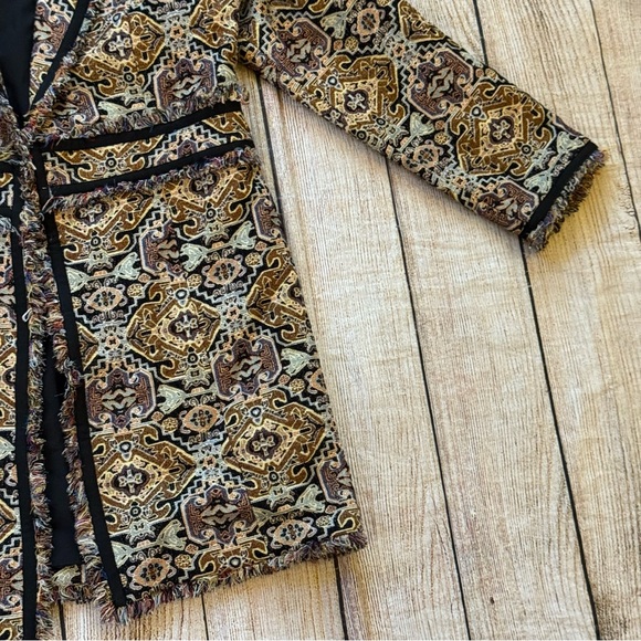 Chico’s Tapestry Jacquard Topper Coat Size 8/10 Fringe-Trim Baroque Brown Tan - Picture 6 of 15